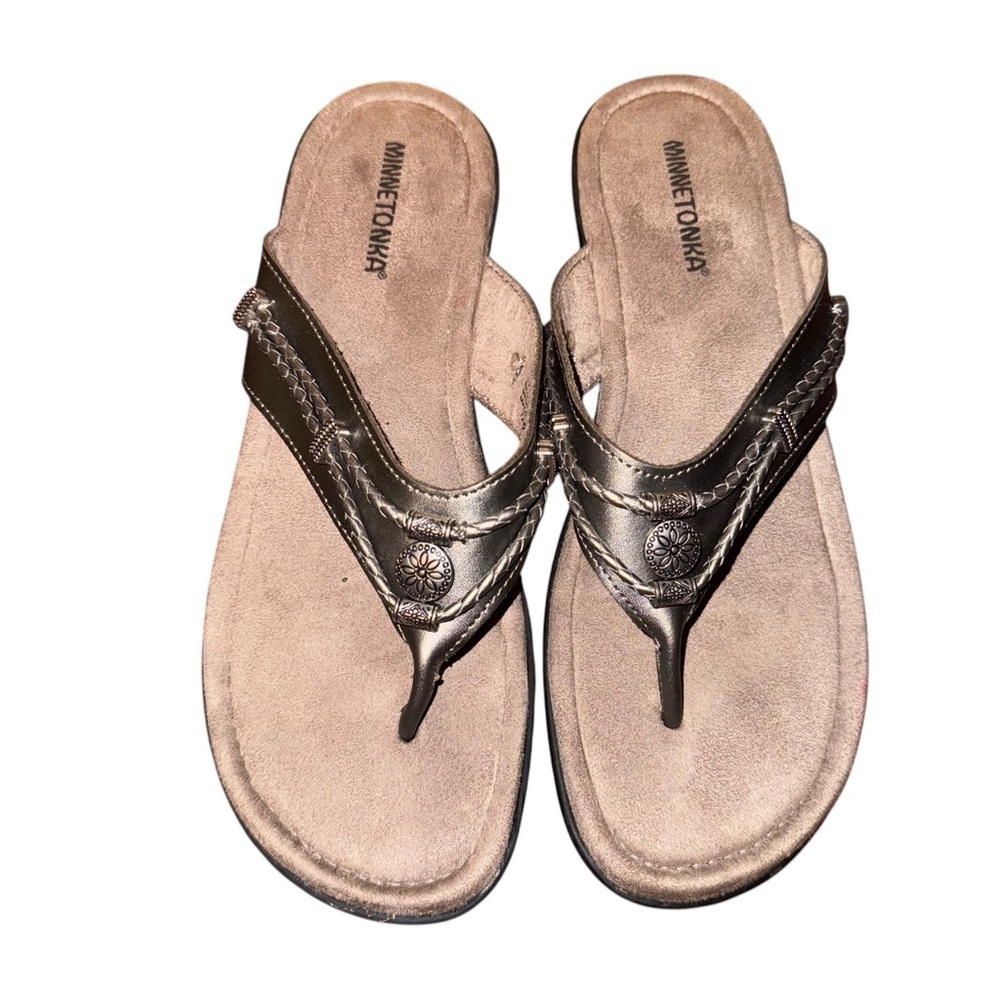 MINNETONKA Silverthorne Leather Thong Pewter Silver Flip Flops Sandals Size 11